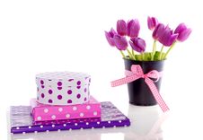 Purple Tulips And Gifts Royalty Free Stock Photo Purple Tulips And Gifts Royalty Free Stock Photo