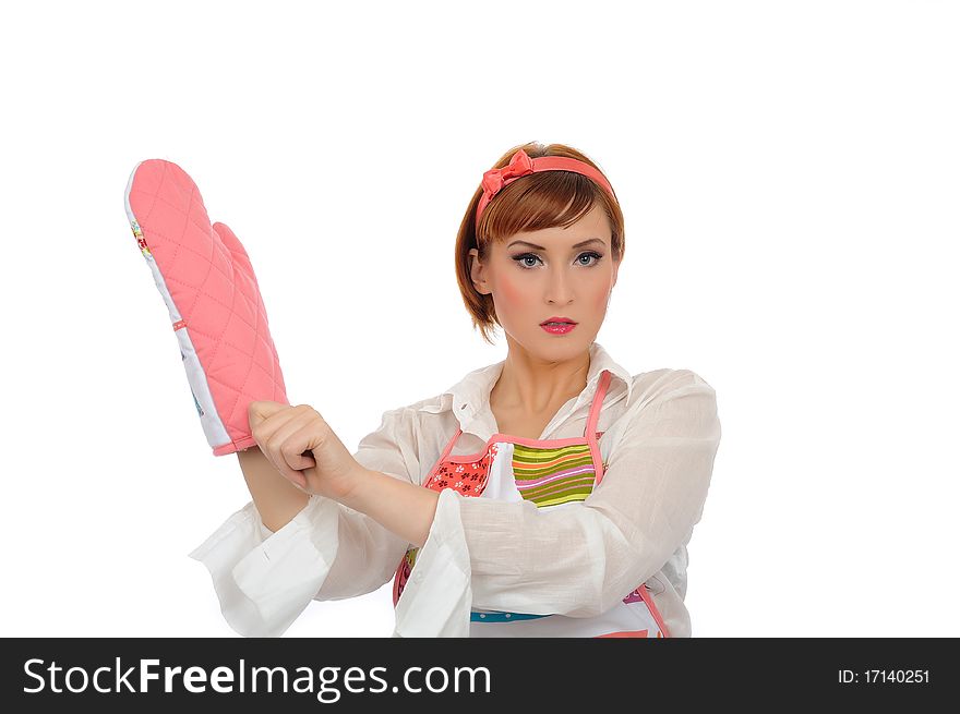 Beautiful cooking woman in apron and kitchen glove. isolated on white background