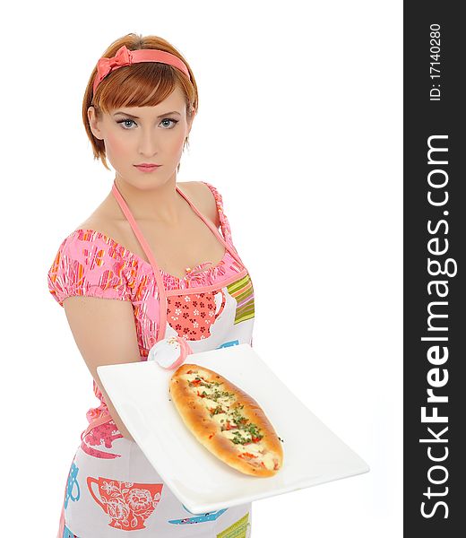Beautiful cooking woman in apron with italian sandwich. isolated on white background. Beautiful cooking woman in apron with italian sandwich. isolated on white background