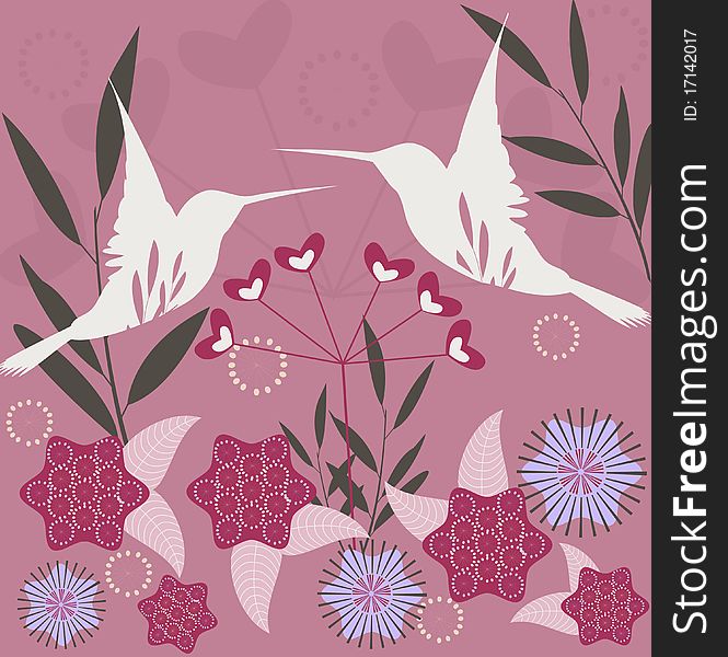 Romantic natural background - loving birds and flowers. Romantic natural background - loving birds and flowers