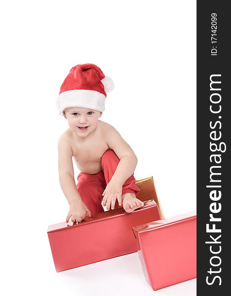 Isolated baby on white background on christmas time. Isolated baby on white background on christmas time