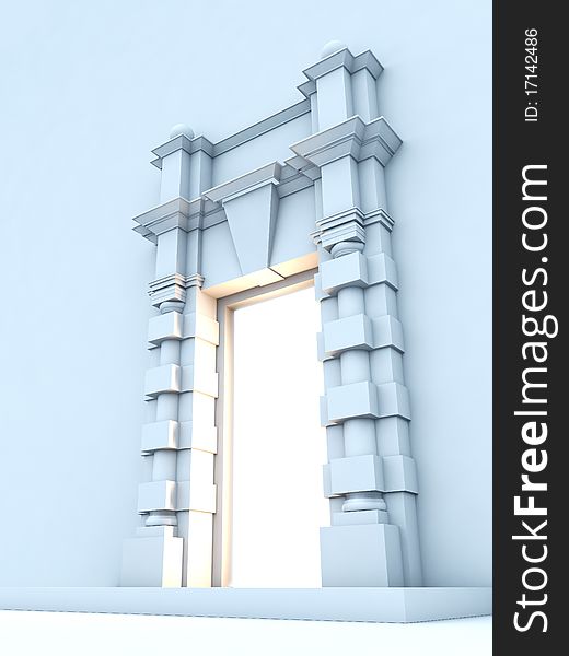 A 3D illustration of classical portal with light inside.