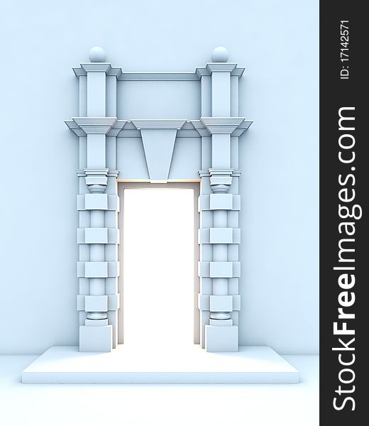 A 3D illustration of classical portal with light inside.