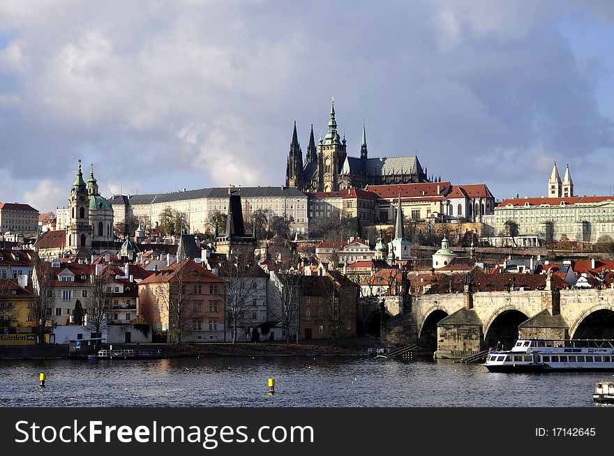 View from the waterfront to the Prague Castle and Charles Bridge