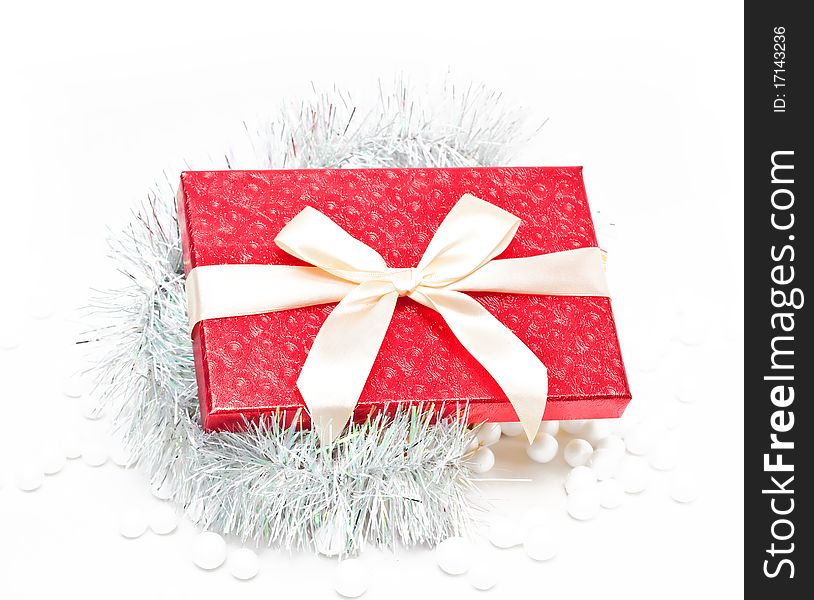 Red Gift box with tinsel