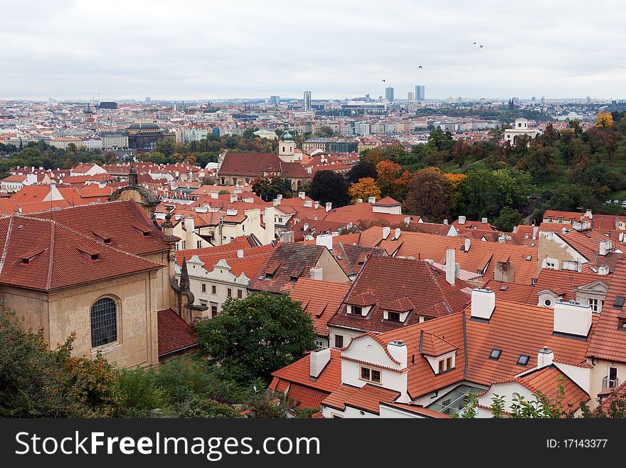 View of Prague from the top, the red roofs