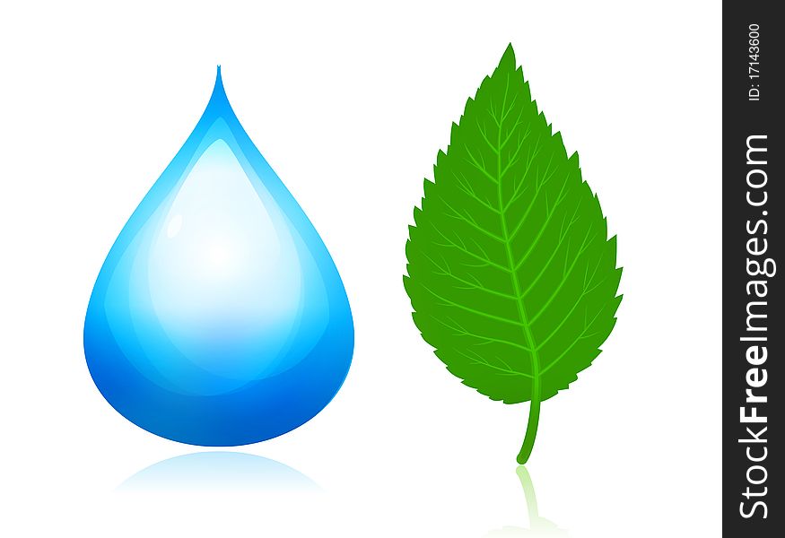 Nature symbols. Blue water drop and green leaf.