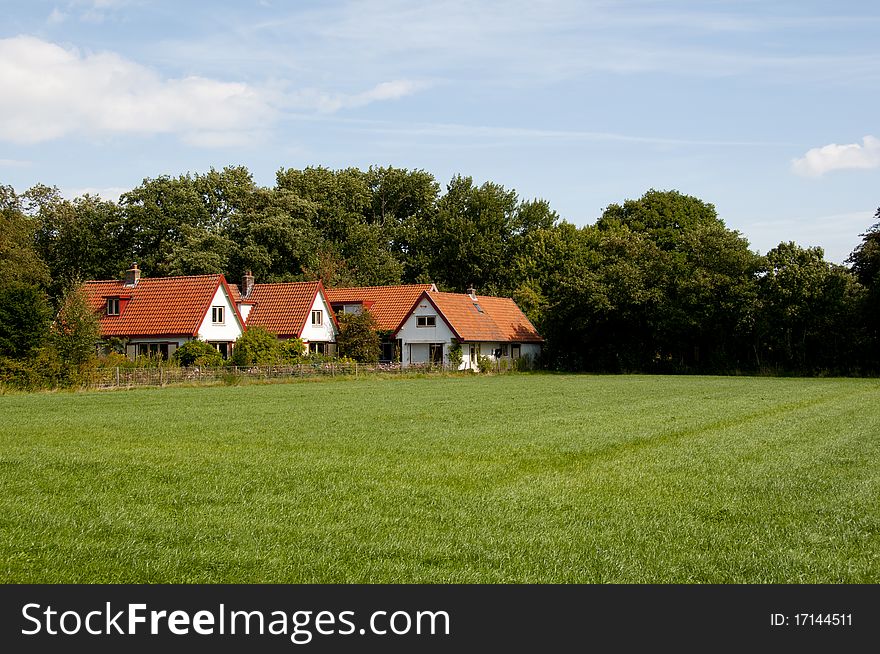 A group of houses in the middle of a green field