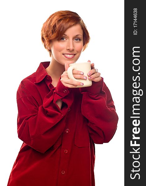 Pretty Red Haired Girl with Hot Drink Mug Isolated