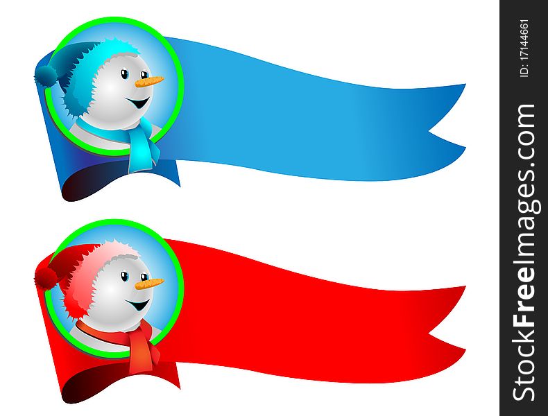 Illustration of fun snowman on the background of the banner. Vector.