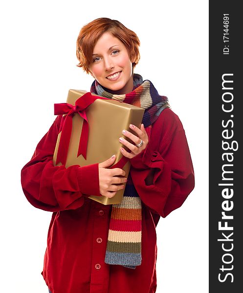 Pretty Girl with Scarf Holding Wrapped Gift