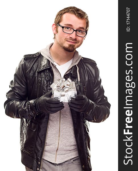 Warmly Dressed Handsome Young Man Holding Wrapped Gift Isolated on a White Background. Warmly Dressed Handsome Young Man Holding Wrapped Gift Isolated on a White Background.