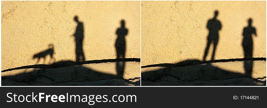 Collage of two photos with people and dog shadows in a deserted land. Collage of two photos with people and dog shadows in a deserted land.