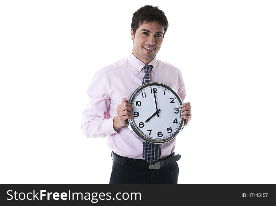 Happy Businessman Holding Clock