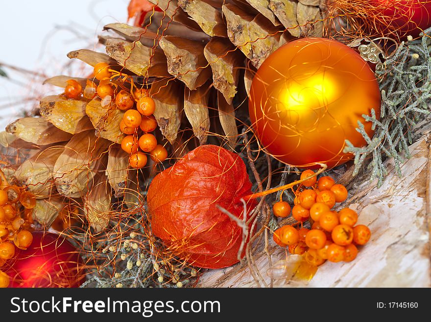 An orange Decoration with natural objects. An orange Decoration with natural objects