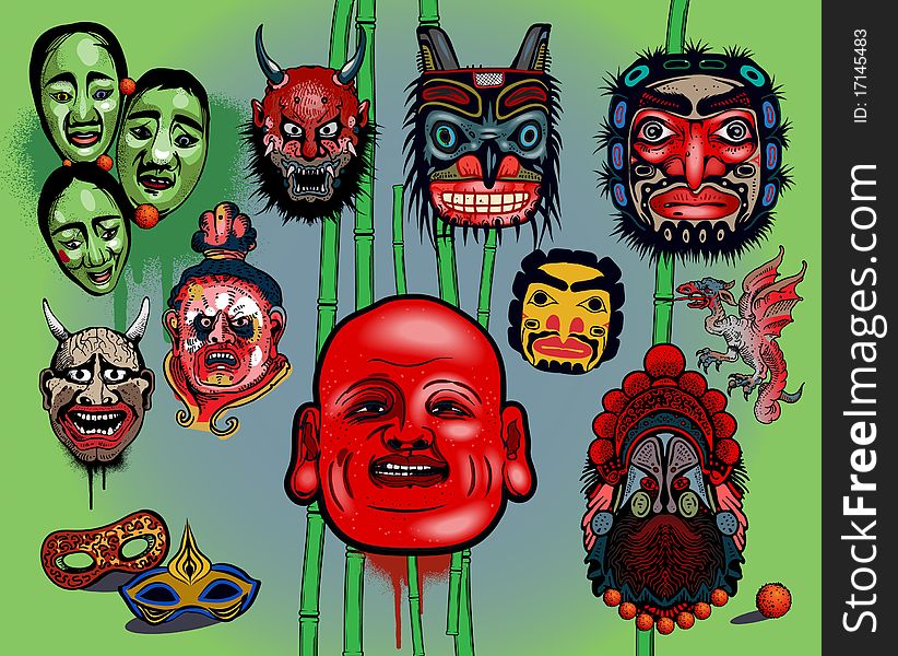 Vector illustration of Asian masks isolated on color background.