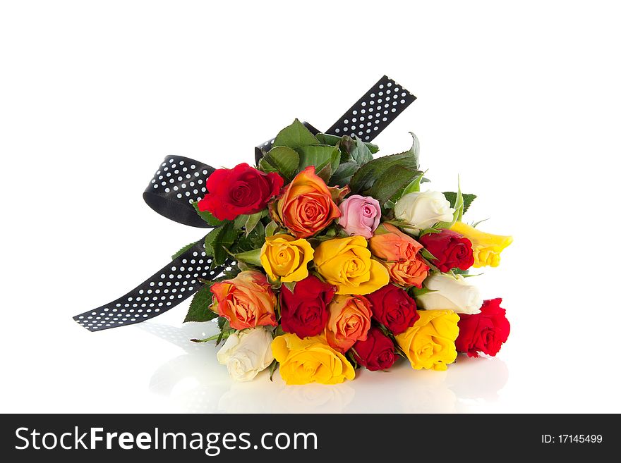 Colorful mixed bouquet roses with luxury ribbon isolated over white