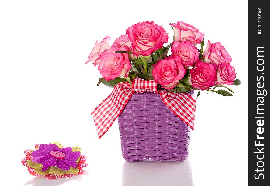 Pink roses in a purple flower pot isolated over white