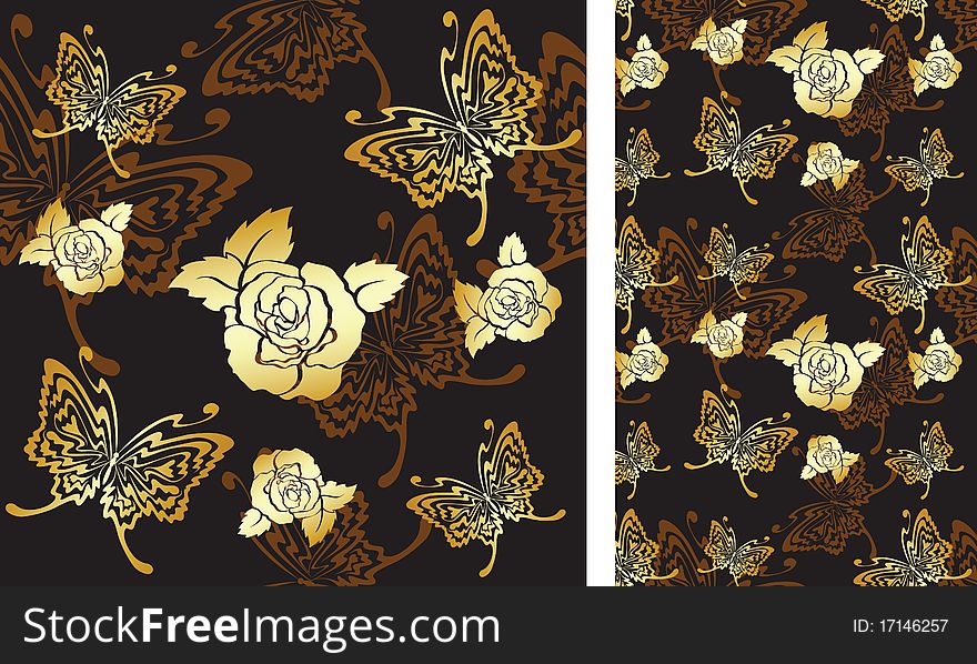 Seamless background with roses and butterflies