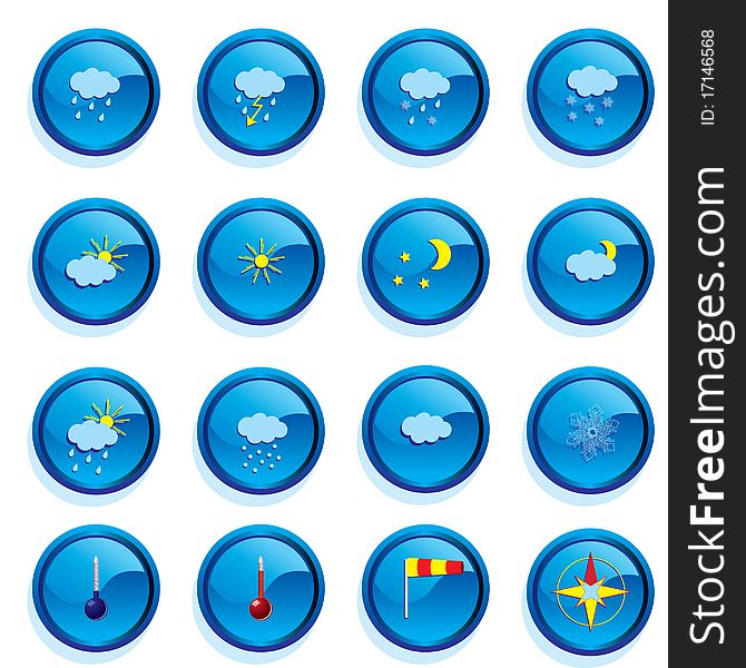 Set of blue buttons with weather symbols. Set of blue buttons with weather symbols