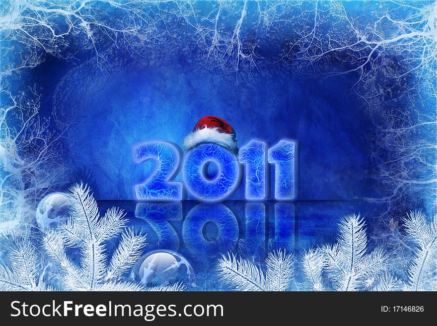 Blue Christmas background with ice and decorations