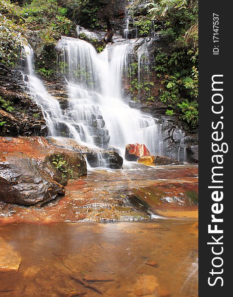 A close up shot of a waterfall and fern with rocks. A close up shot of a waterfall and fern with rocks