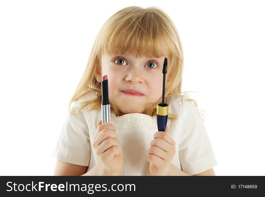 Beautiful girl with mascara and lipstick isolated white