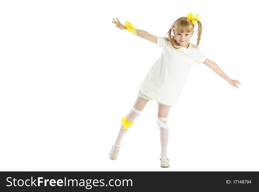 Happy beautiful girl in dres isolated in white