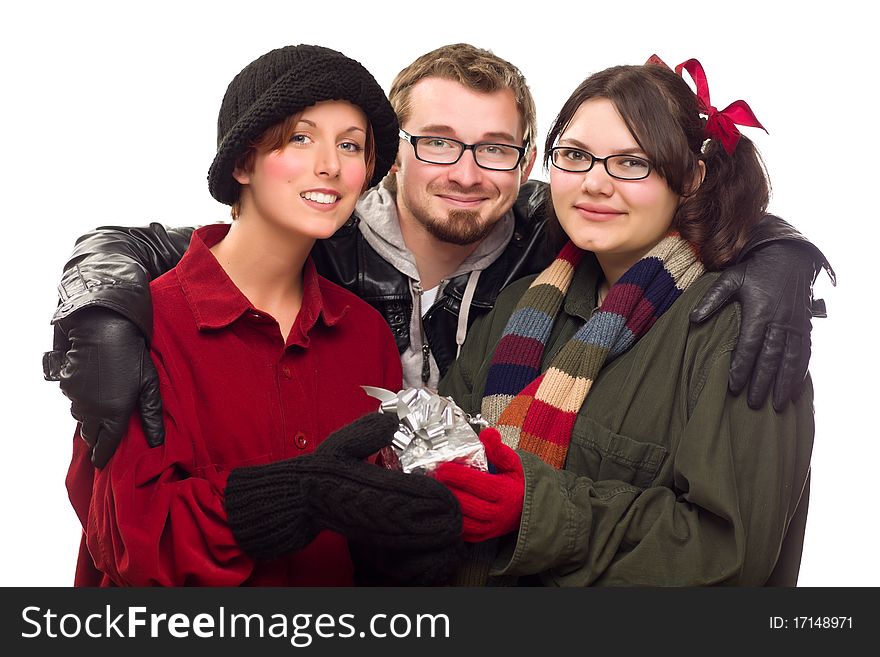 Three Friends Holding A Holiday Gift Isolated