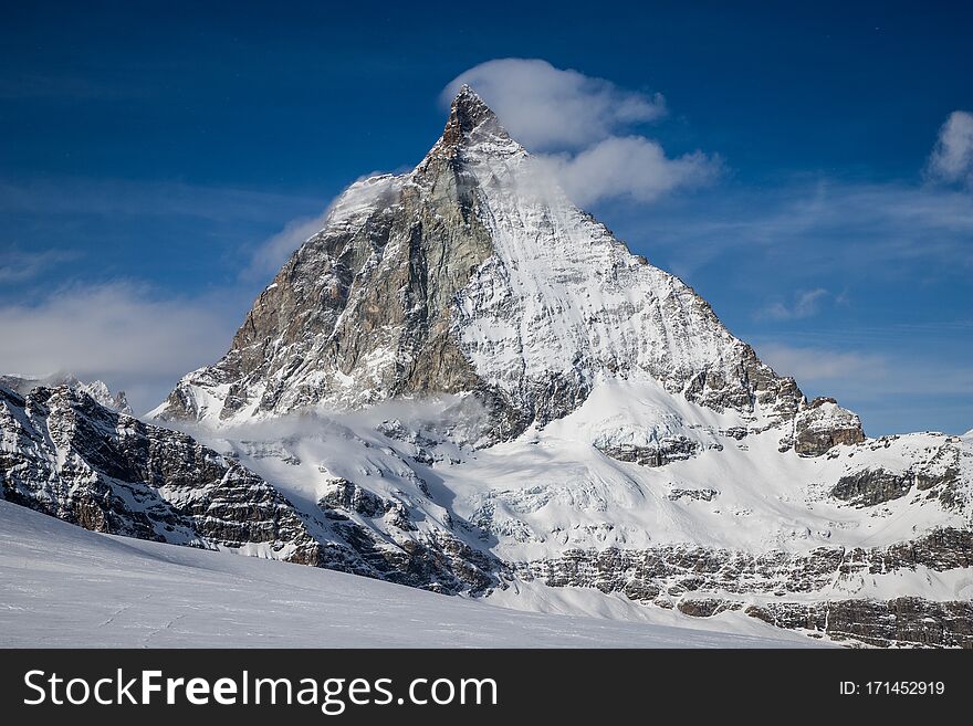 View Of Matterhorn Peak Against Blue Sky Swiss Alps