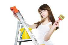 Attractive Girl With Paintbrush Over White Stock Photos