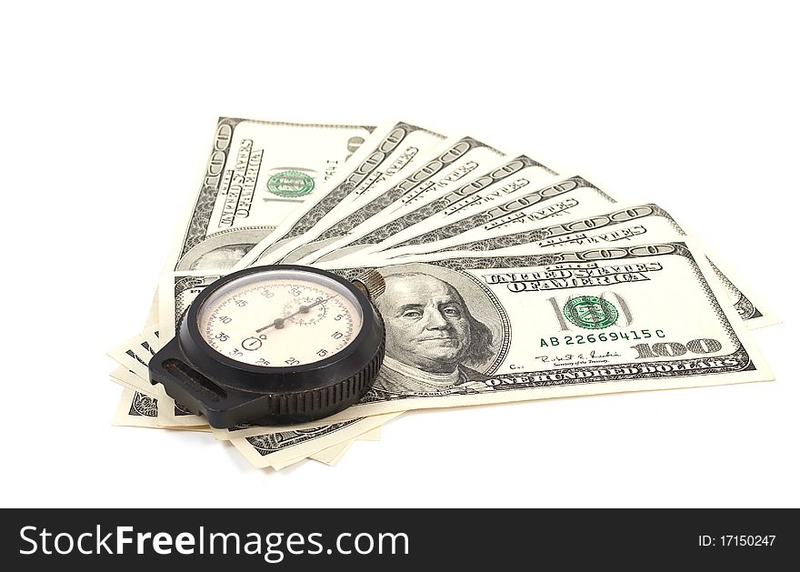 Stopwatch and dollars on a white background
