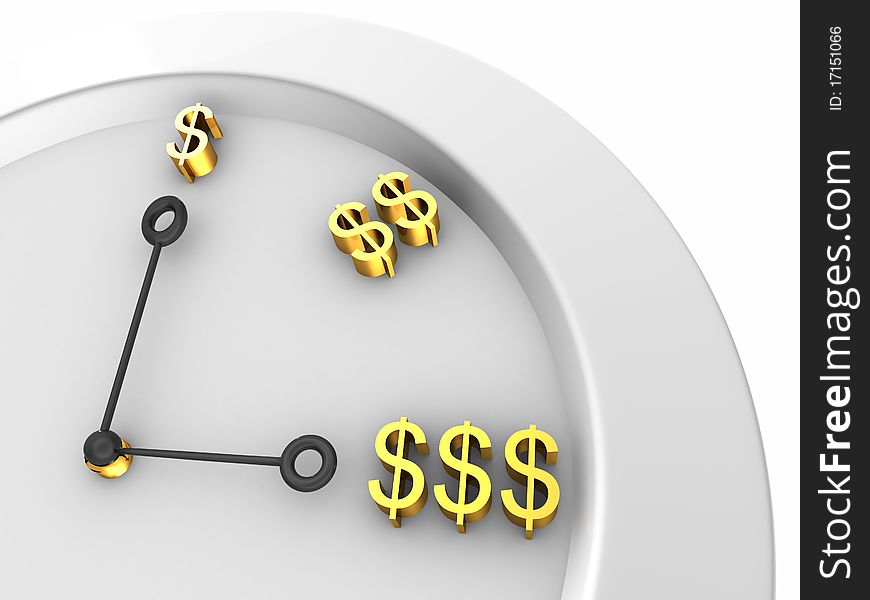 3D rendered isolated clock with dollars on white