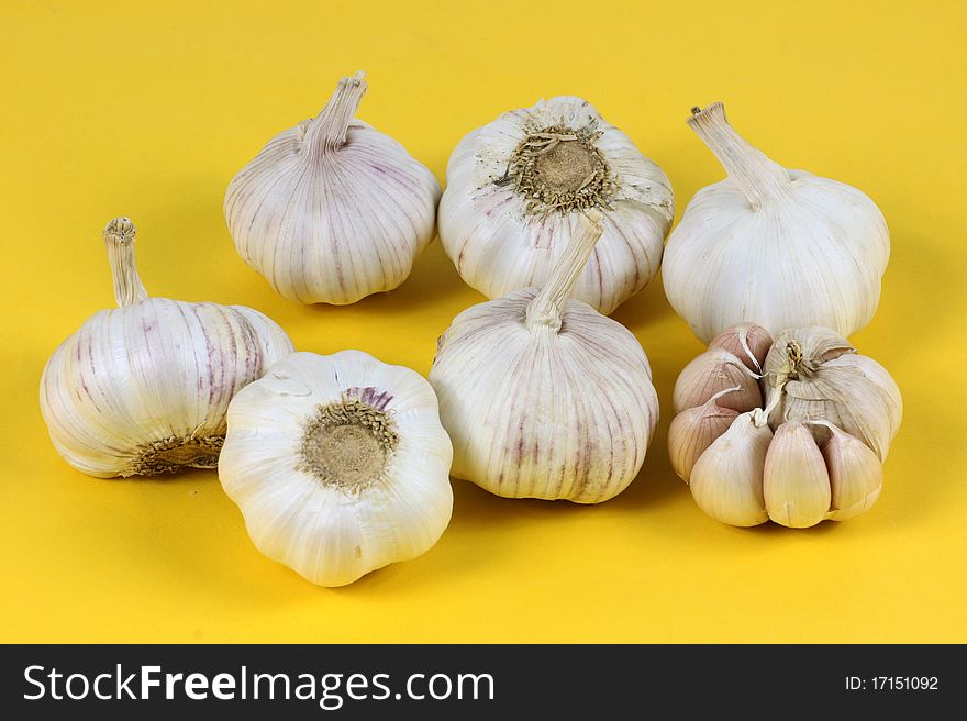 Garlic set on the yellow background