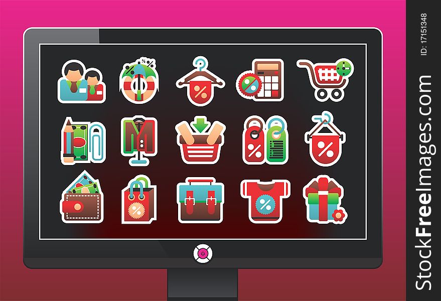 Monitor with a beautiful shopping icons on purple background