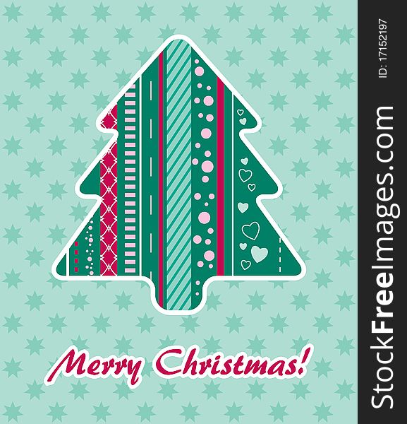 Christmas card. Ornamental Christmas tree, isolated, with text