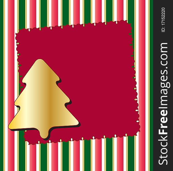 Christmas card. Vector golden Christmas tree on striped background