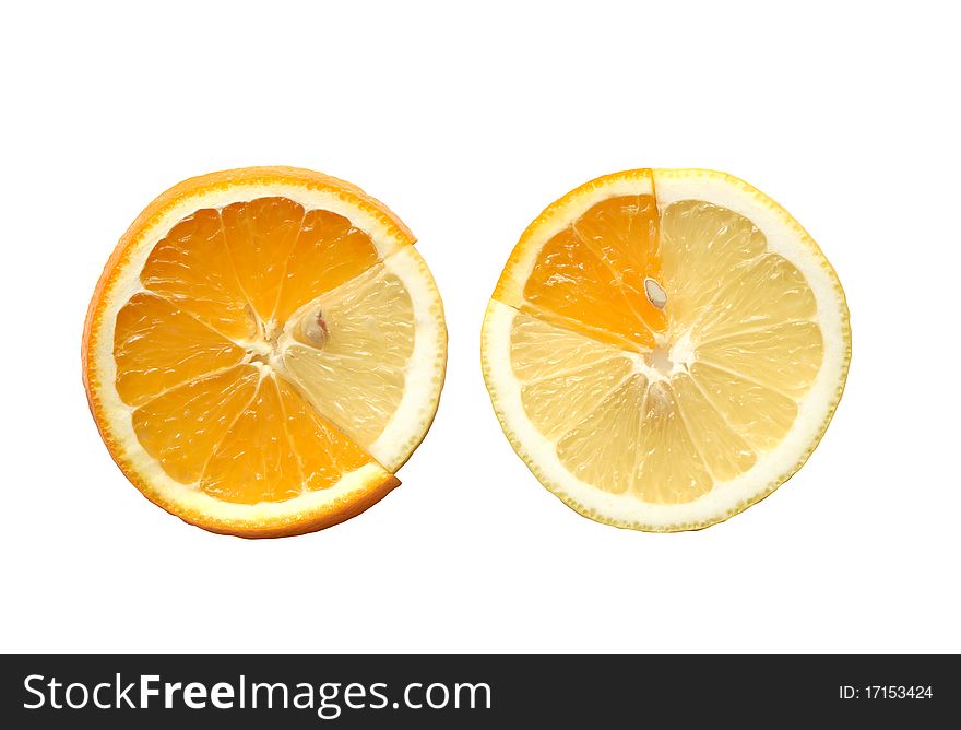 Mixed slices of lemon and orange. Isolated on white with clipping path