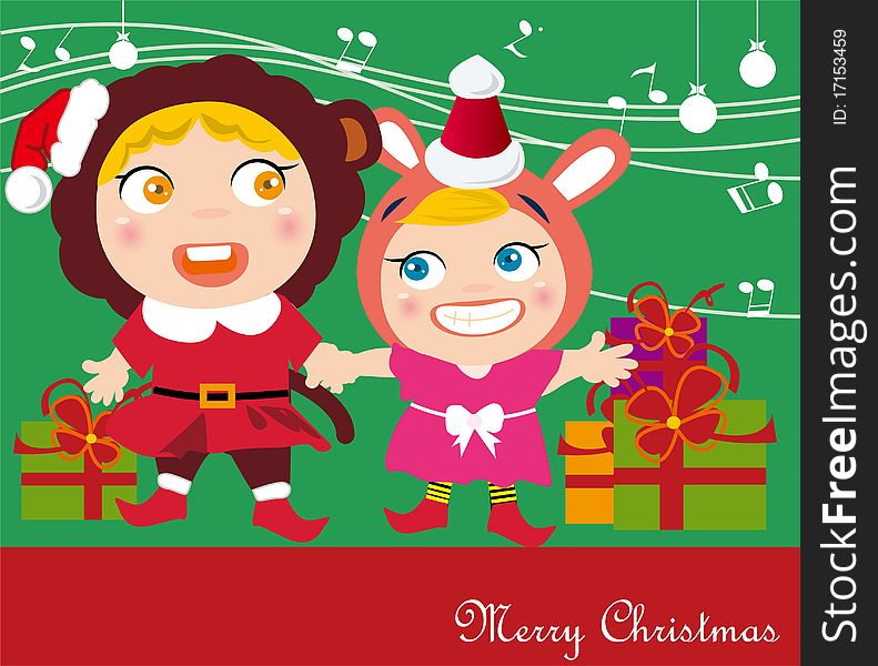 Illustration of kids singing and christmas gift. Illustration of kids singing and christmas gift