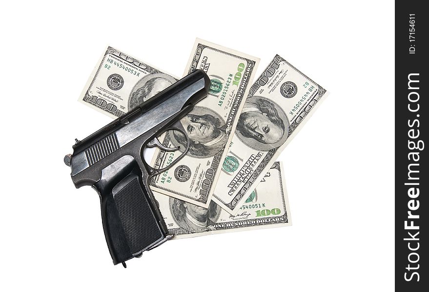 Gun and money on a white background