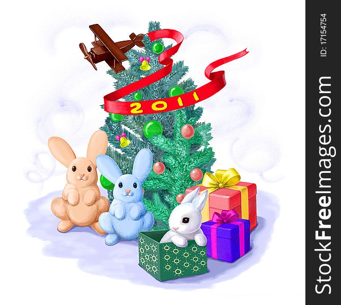 Presents to New Year with rabbits and toys. Presents to New Year with rabbits and toys