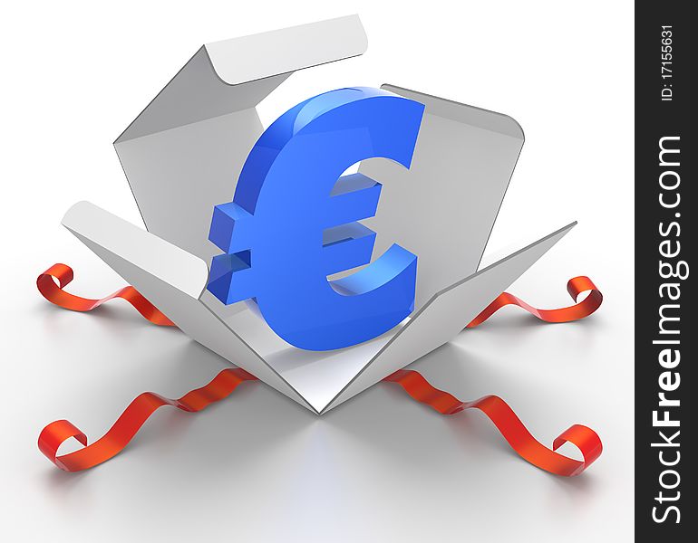 3D render illustration of box being opened, revealing Euro symbol. 3D render illustration of box being opened, revealing Euro symbol