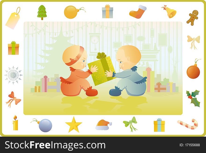 Little boy and girl (twins) cannot divide a gift in the Christmas morning. The illustration frame consists of Christmas symbols.