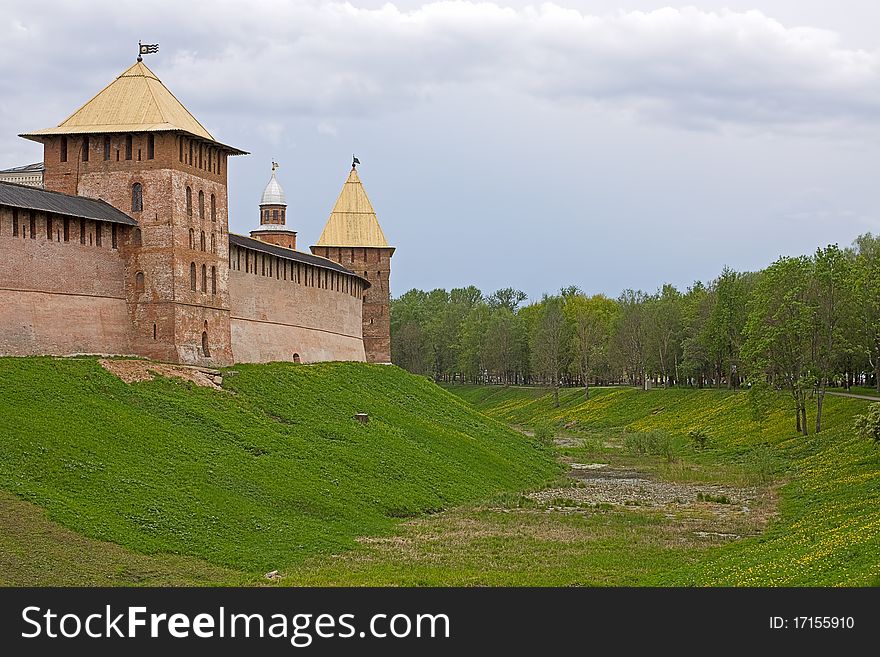 View of the old tower and wall of Novgorod Kremlin, Russia.