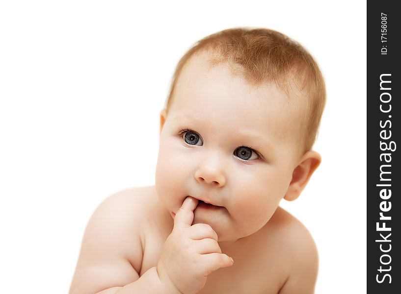 Bright picture of adorable baby girl over white