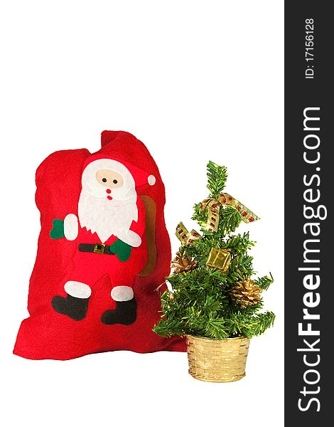 Red Winter bag for gifts and Christmas tree. Red Winter bag for gifts and Christmas tree