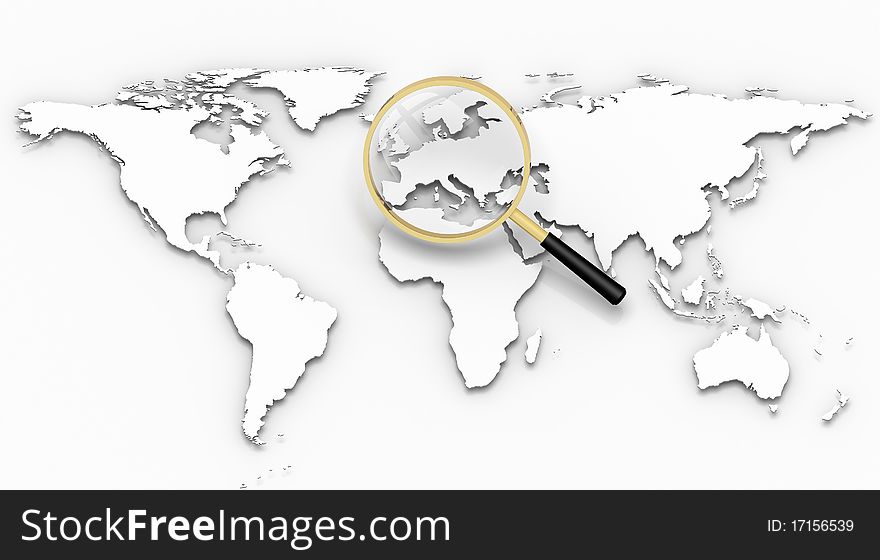 3D rendered illustration of magnifying glass over an atlas and Europe