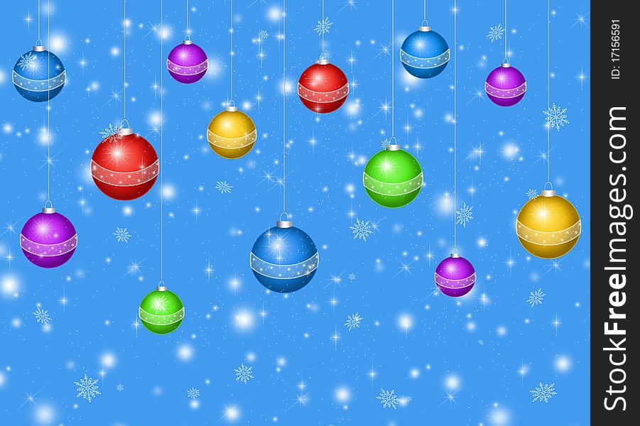 Card for the holiday with balls on the blue background