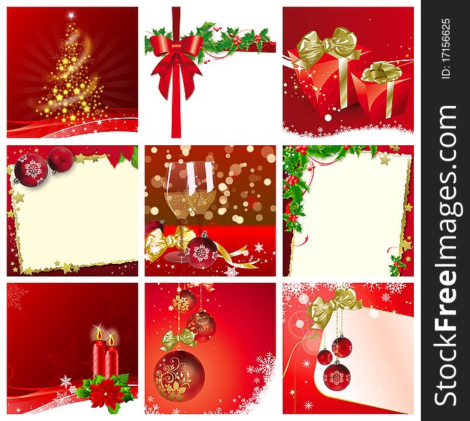 Collection of nine still live illustrations for Christmas in red and gold tone. Collection of nine still live illustrations for Christmas in red and gold tone