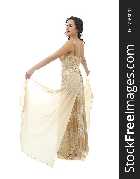 Attractive Woman In Elegant Beige Dress